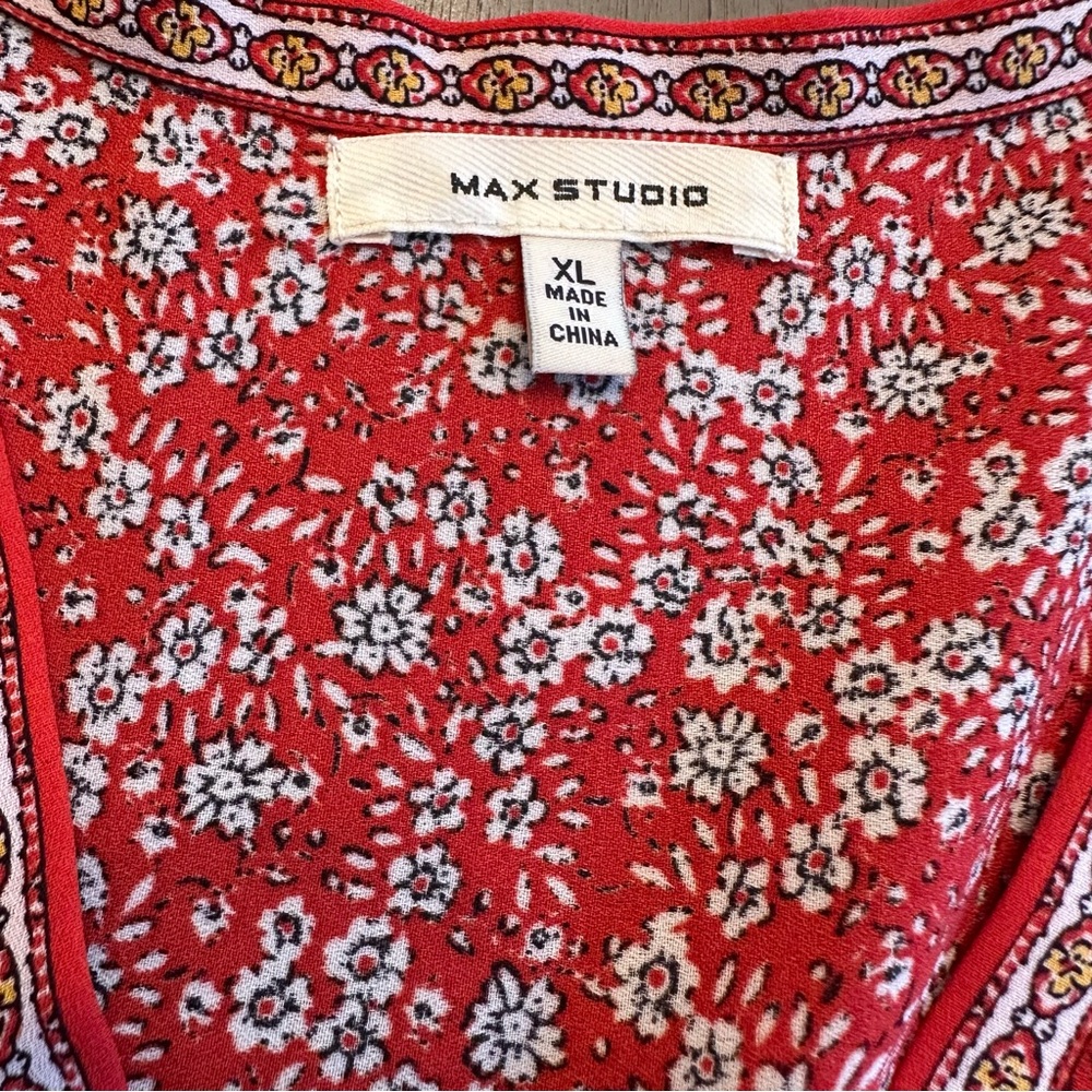 MAX STUDIO Floral Surplice Neck Ruffled Red Ivory Dress Size XL - Picture 10 of 12